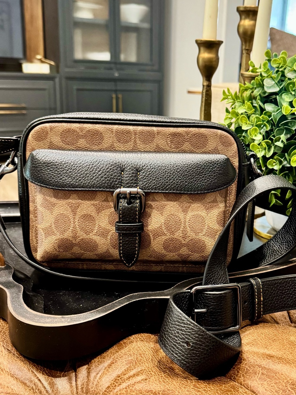 Coach Tan Signature Canvas Belt Bag with Black Leather Trim